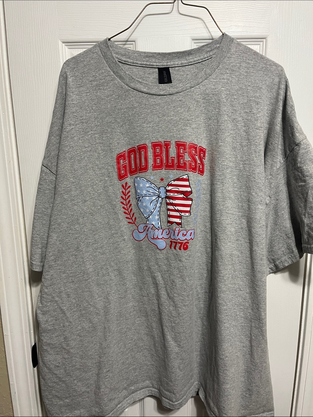 Gildan Gray Tee with Red, Blue Patriotic Bow Graphic